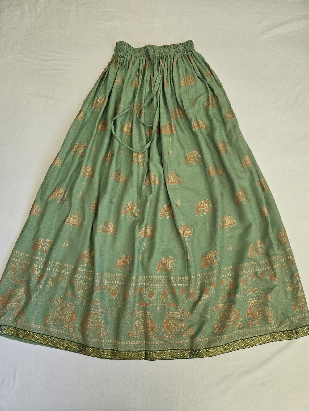 Indian Boho Bohemian Maxi Skirt Lehenga Green Elephant Umbrella Print Artsy S XS